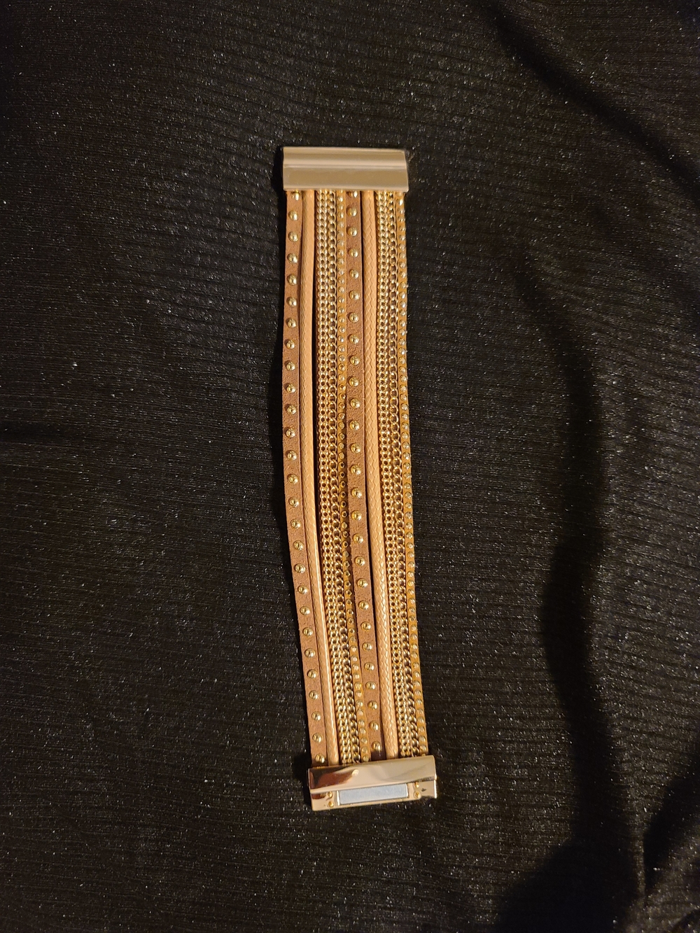 Women's Multi-Row Gold Tone Chain & Leather Bracelet
